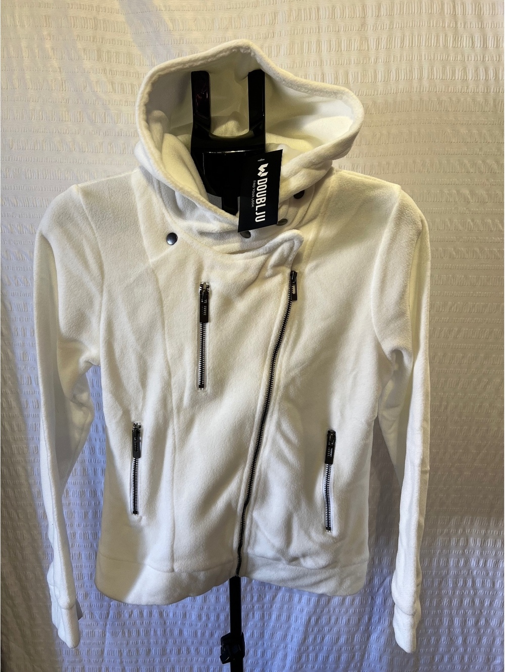 Doublju Sz Sm White Asymmetrical Zip Fleece